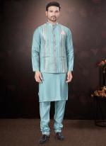 Pure Silk Sky Blue Traditional Wear Mirror Work Readymade Modi Jacket Kurta Pajama